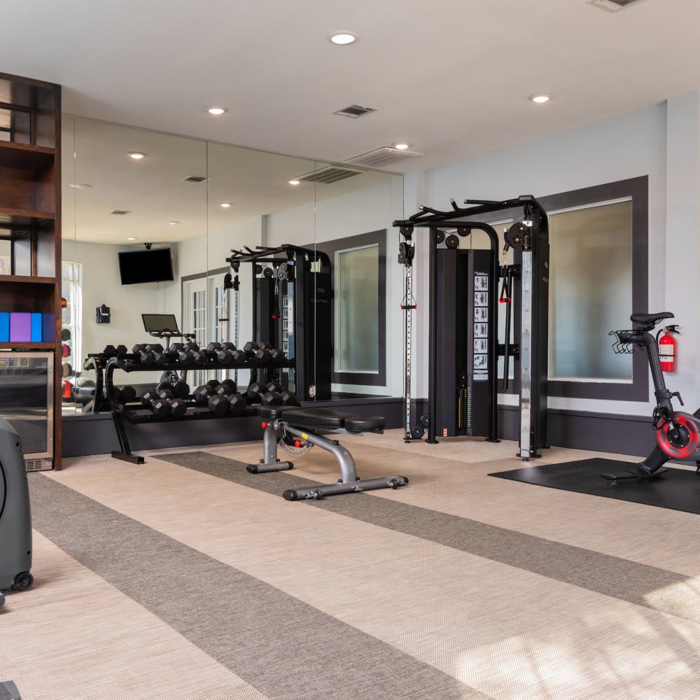 Large fitness center at Ellie Apartments in Austin, Texas
