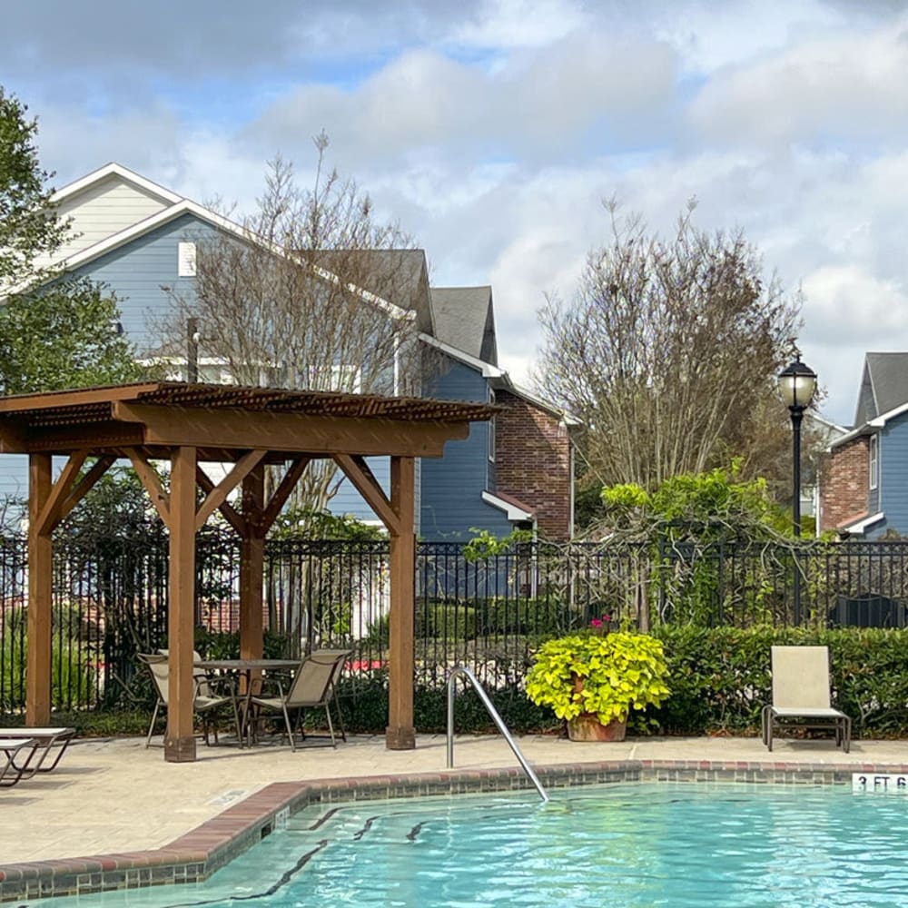 Covered areas around the pool at Villas at West Road in Houston, Texas