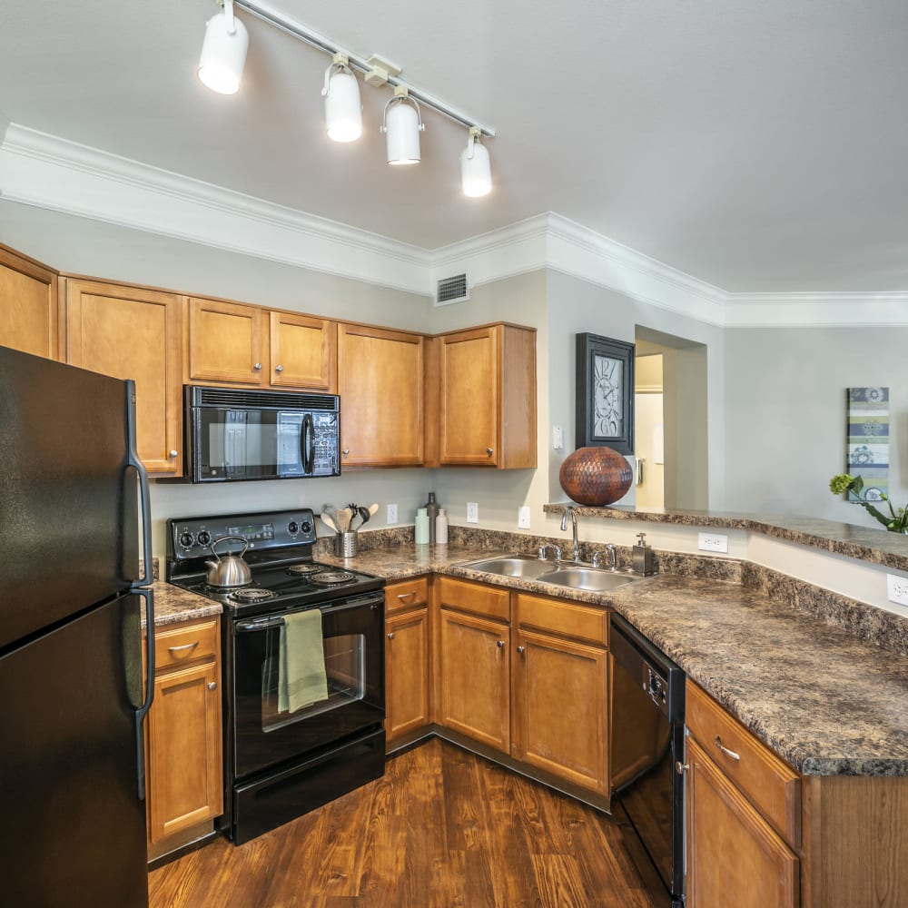 Alternative kitchen with black appliances at Villas at West Road in Houston, Texas