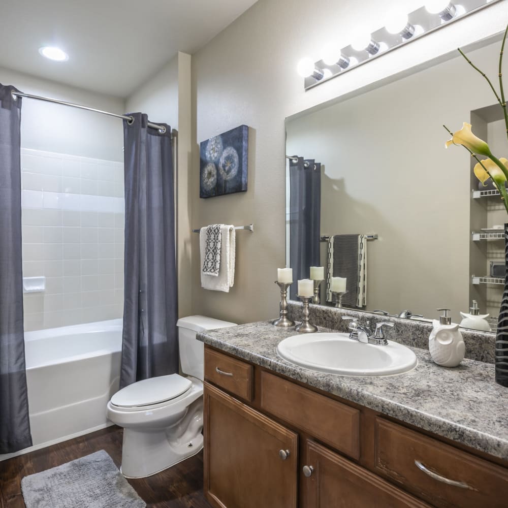 Model bathroom with great lighting at Villas at West Road in Houston, Texas