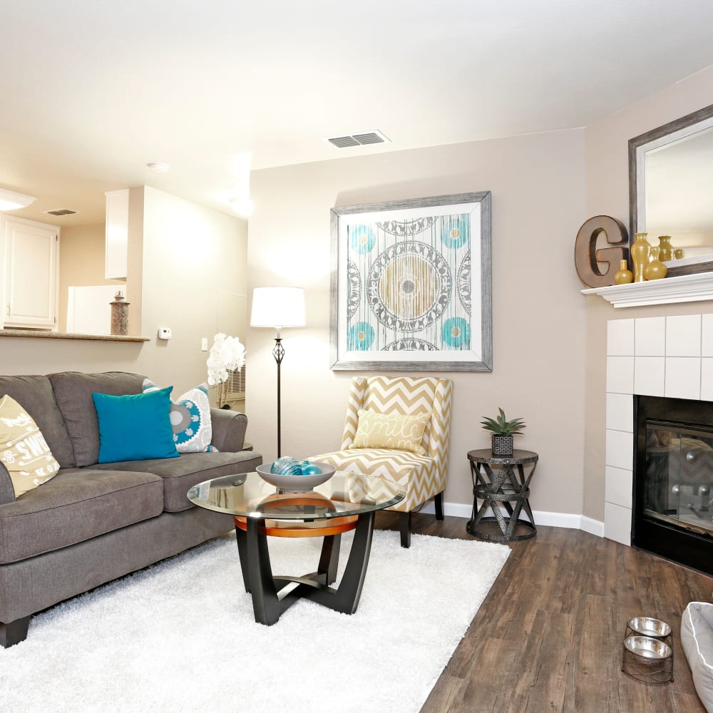 Living room with fireplace at Greenback Ridge in Citrus Heights, California