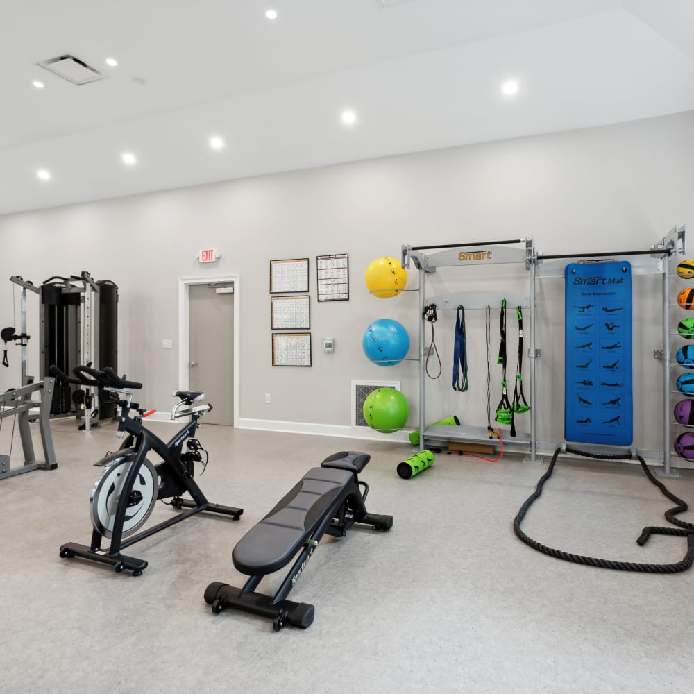 Fully equipped fitness center at The Villages at West Laurel in Richmond, Virginia