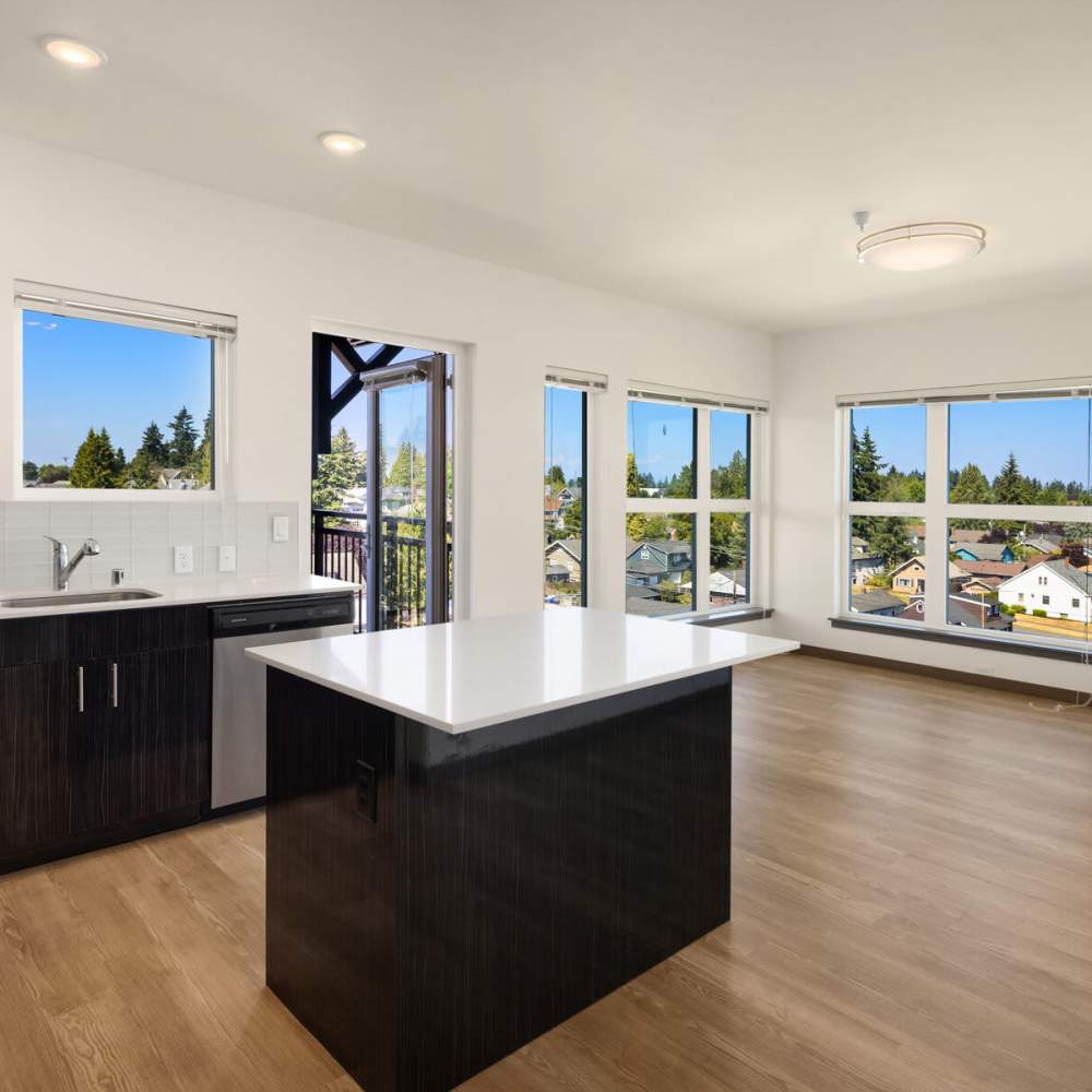 Spacious island kitchen at Sixth & Alder Apartments in Tacoma, Washington