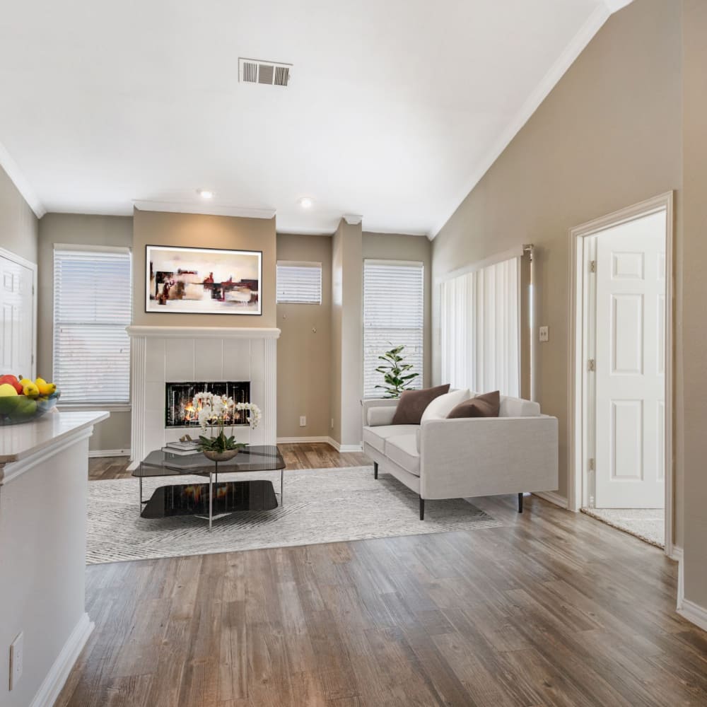 Model living space with white accents at The Heights in Arlington, Texas