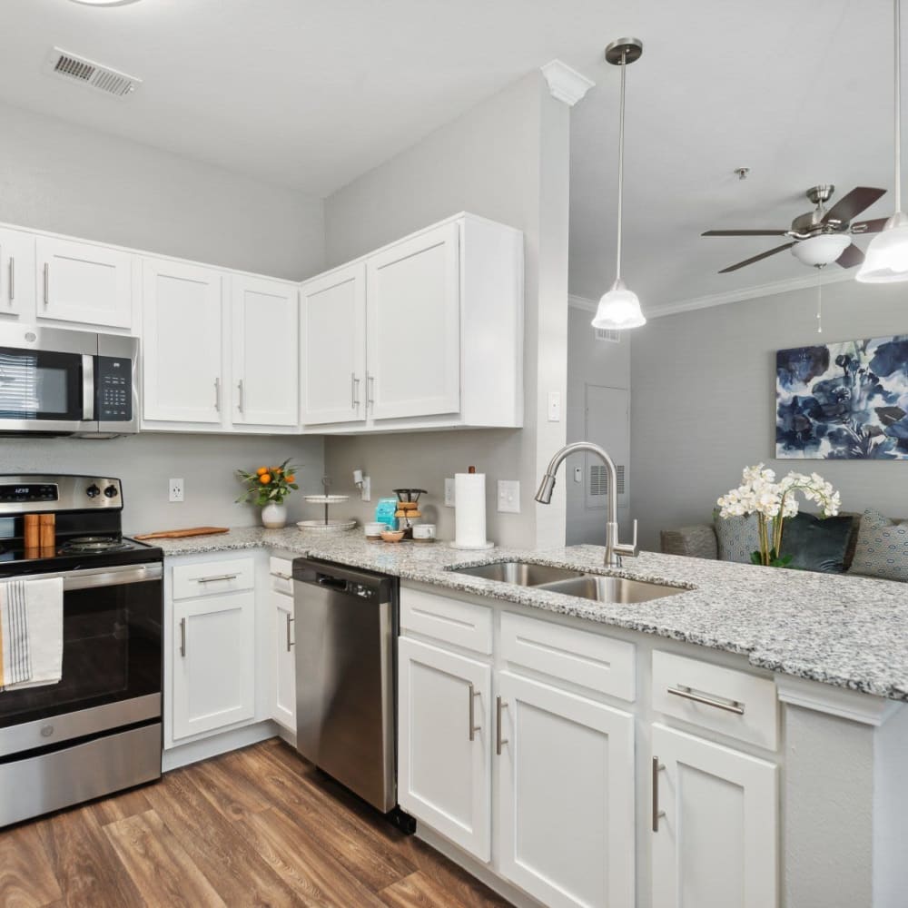 Stainless steel appliances in an apartment kitchen at Discovery at West Road in Houston, Texas