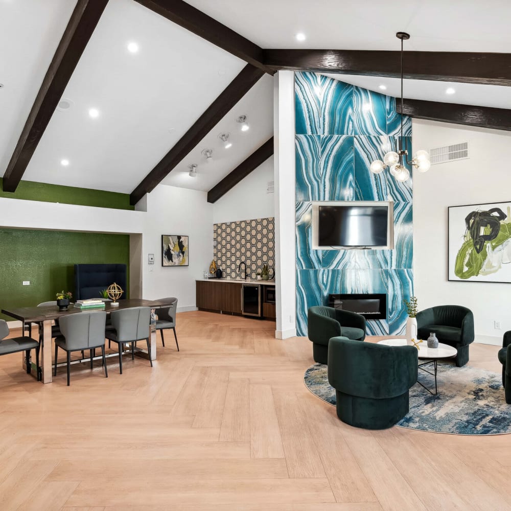 Clubhouse with multiple gathering spaces at Jade Scottsdale in Scottsdale, Arizona