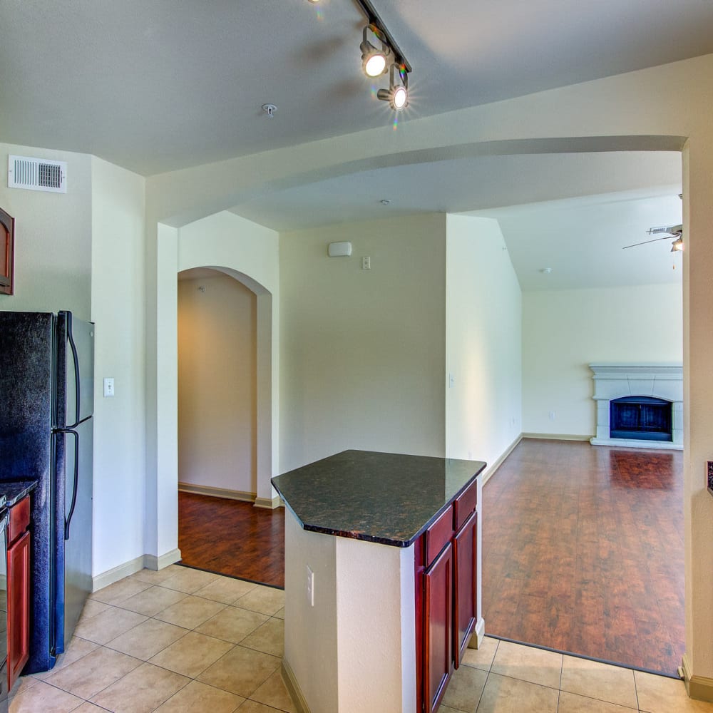Modern kitchen with ceiling lighting at Estates at Canyon Ridge in San Antonio, Texas