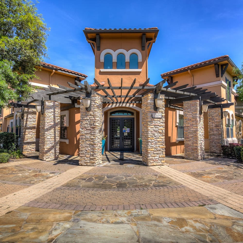View of entrance to clubhouse at Estates at Canyon Ridge in San Antonio, Texas