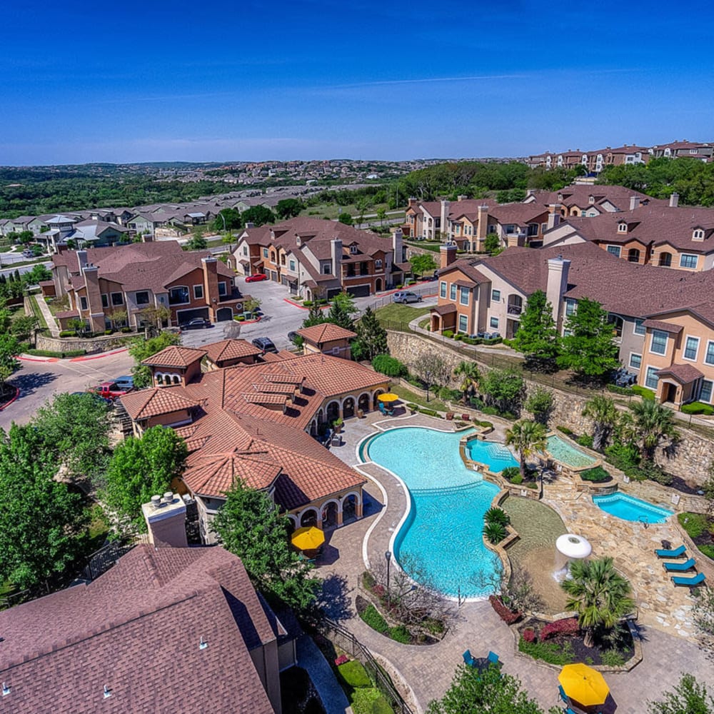 Overhead view of resort-style pool at Estates at Canyon Ridge in San Antonio, Texas