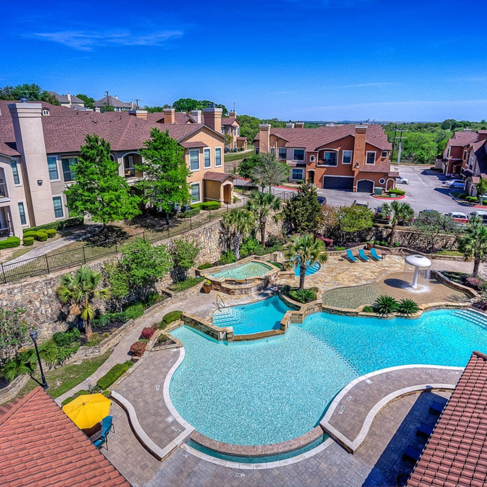 Overhead view of resort-style swimming pool at Estates at Canyon Ridge in San Antonio, Texas