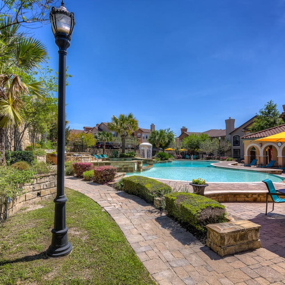 Incredible poolside landscaping at Estates at Canyon Ridge in San Antonio, Texas