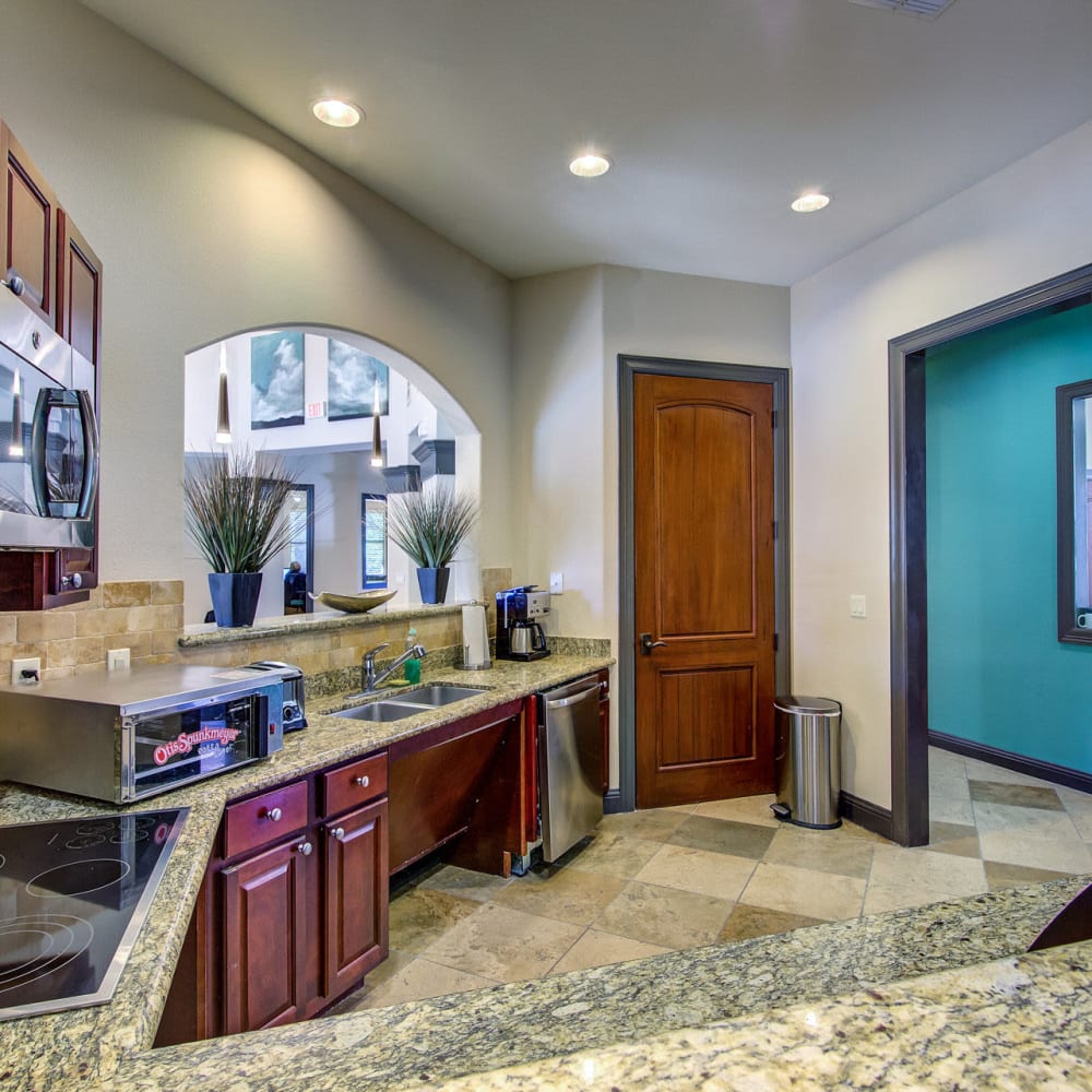 Large chefs kitchen in the clubhouse at Estates at Canyon Ridge in San Antonio, Texas
