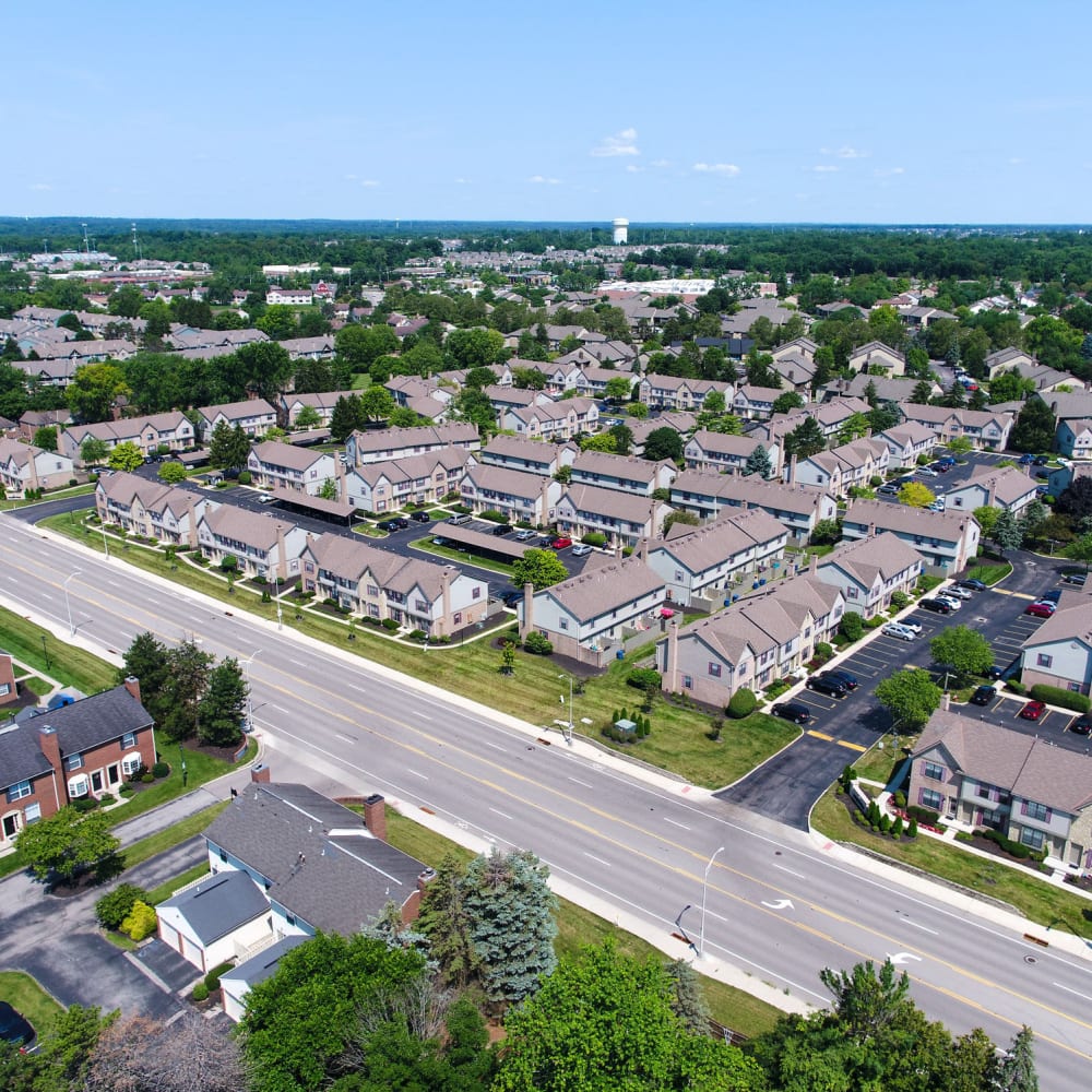 Overhead expanded view of community at Mason Row Townhomes in Dublin, Ohio