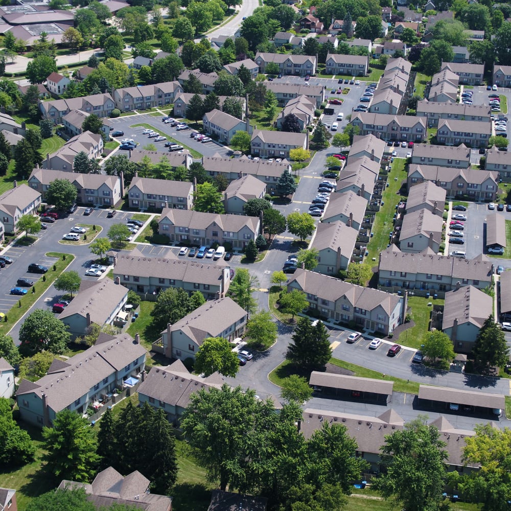 Overhead community view at Mason Row Townhomes in Dublin, Ohio
