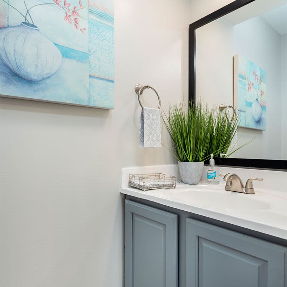Bathroom with lots of counter space at Mason Row Townhomes in Dublin, Ohio
