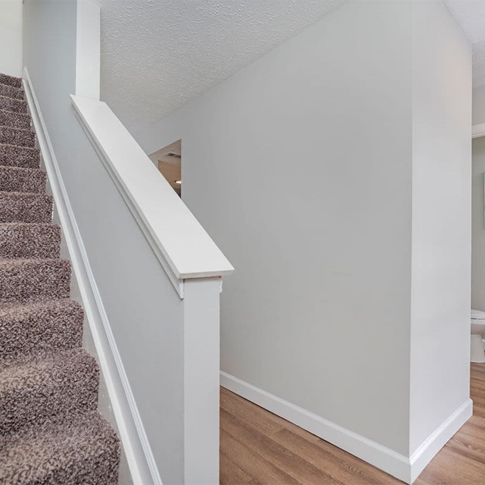 View of the stairs in the apartments at Mason Row Townhomes in Dublin, Ohio