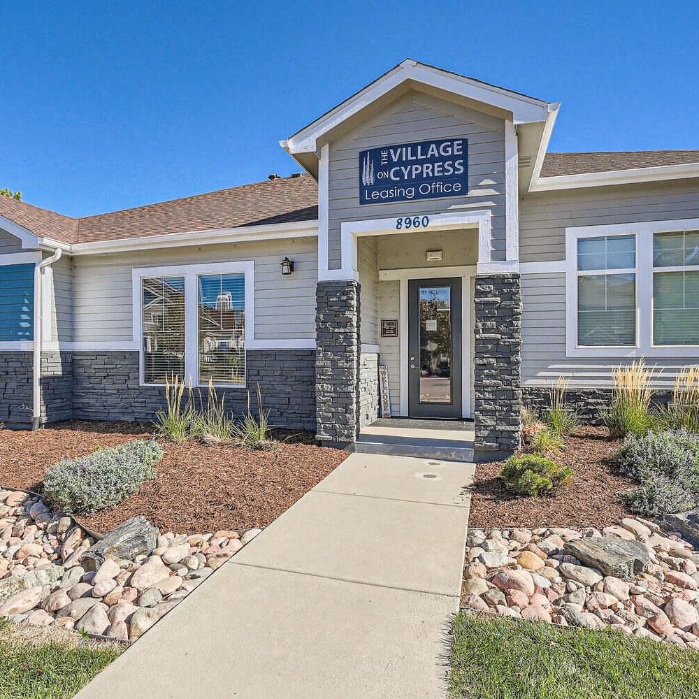 Entrance into leasing office at Village On Cypress in Thornton, Colorado