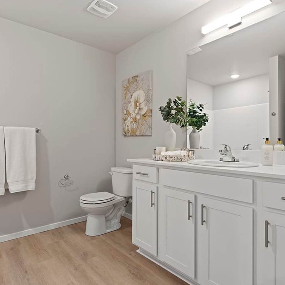 Apartment bathroom at Wyndstone Apartments in Yelm, Washington