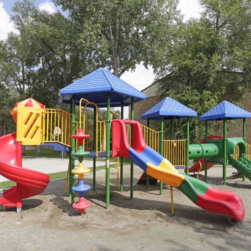 The colorful playground for children at Chadds Ford Apartments in Midvale, Utah
