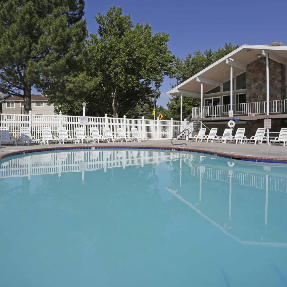 The sparkling community swimming pool at Mark Twain Apartments in Salt Lake City, Utah