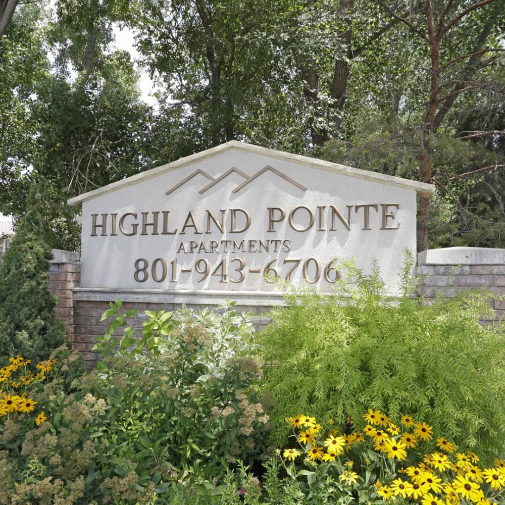 The main sign in front of Highland Pointe Apartments in Cottonwood Heights, Utah
