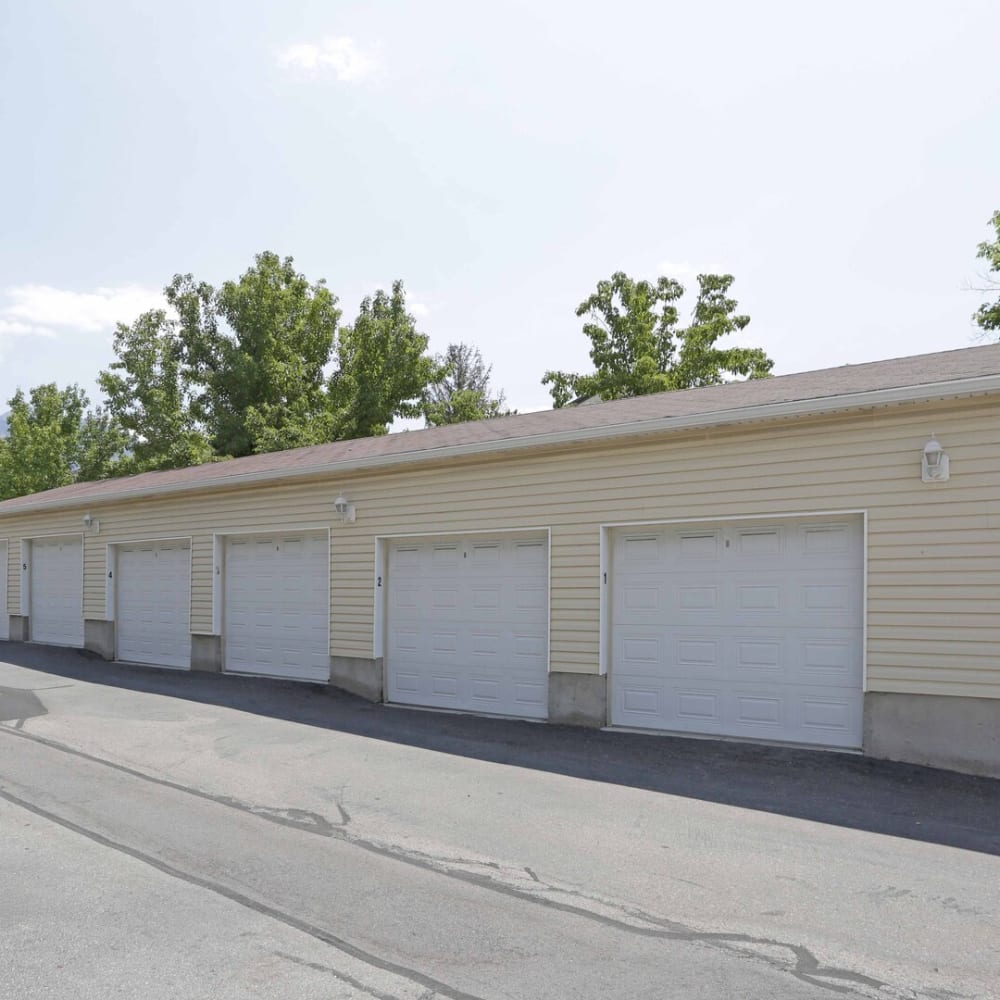 Exterior of garages available at Highland Pointe Apartments in Cottonwood Heights, Utah
