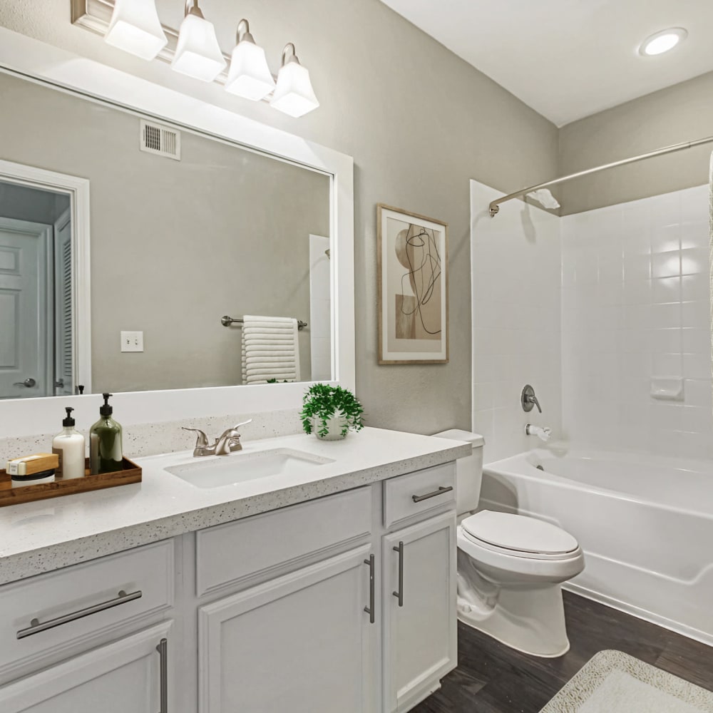 Resident bathroom with great counter space at Villas at West Road in Houston, Texas