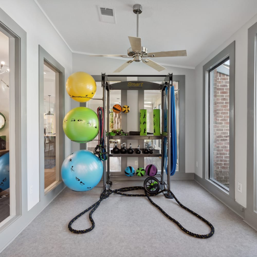 A rack of yoga balls in the fitness center at Park West End in Richmond, Virginia