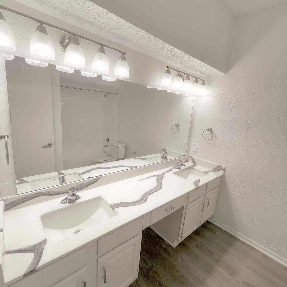 Spacious bathroom countertop with full length mirror and double sinks. 