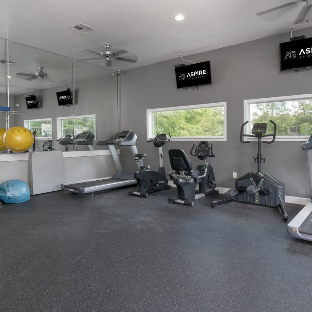 Lots of cardio equipment in fitness center at Aspire at Gateway in Pinellas Park, Florida