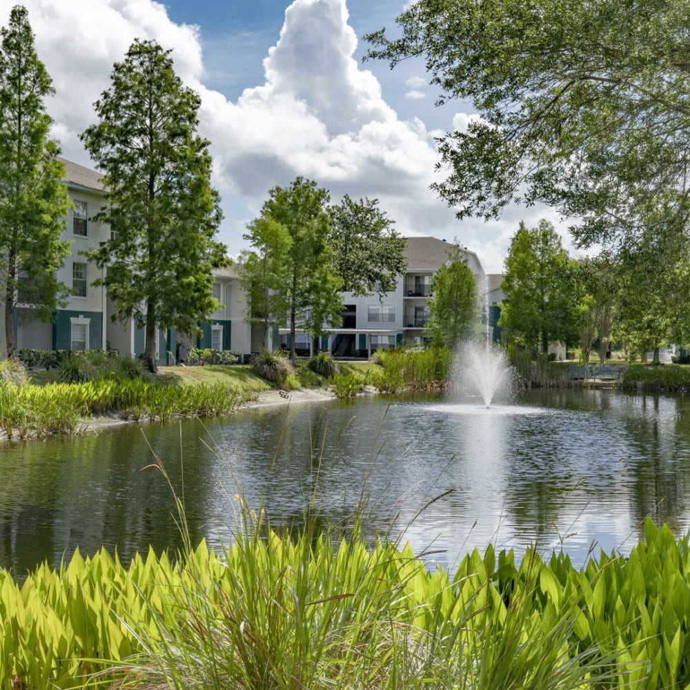 Pond with water features at Aspire at Gateway in Pinellas Park, Florida