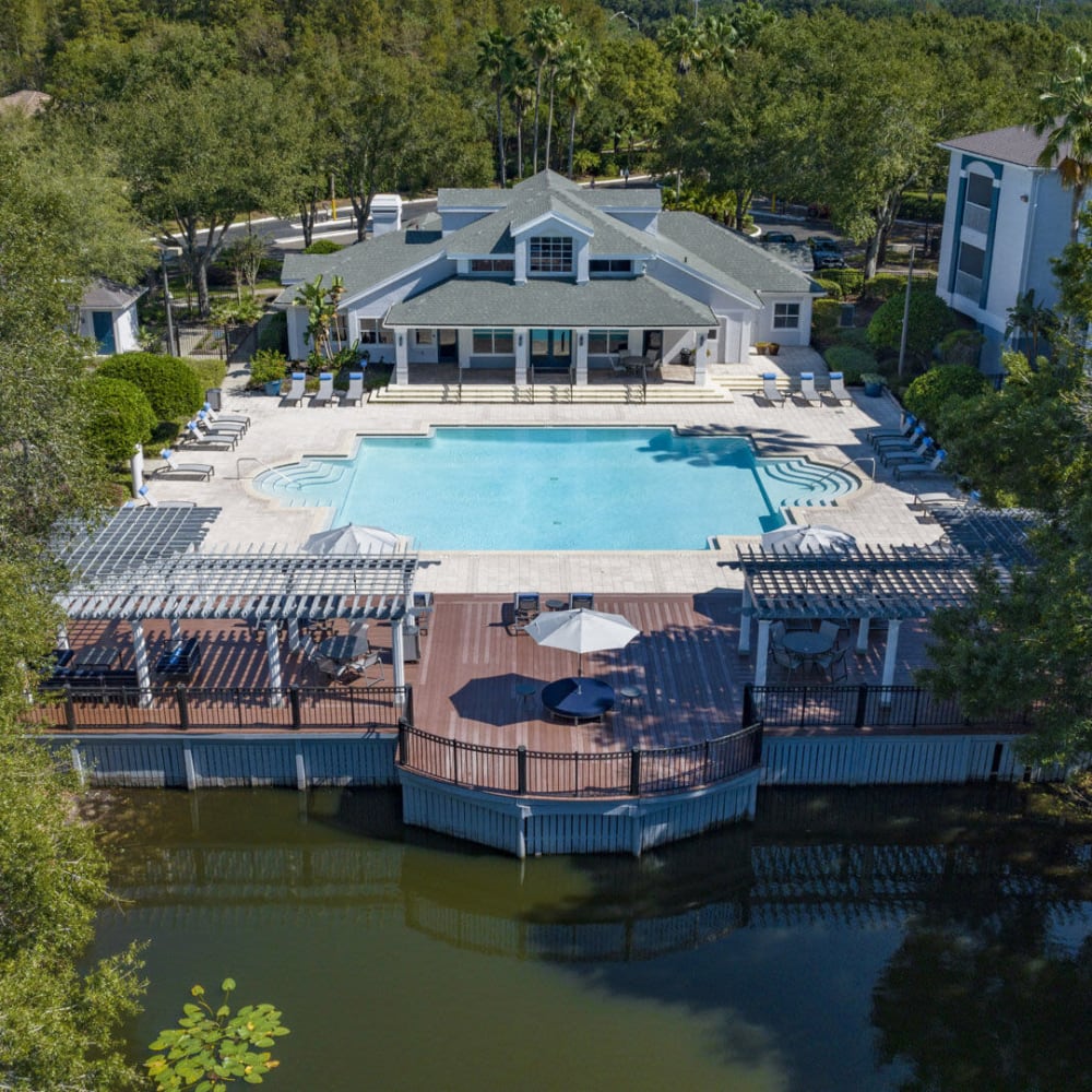 Overhead view of pool and sundeck at Sabal Palm in Tampa, Florida