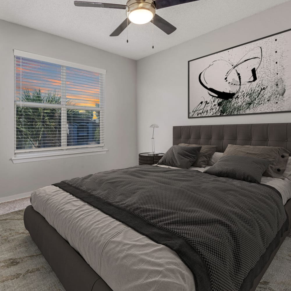 A bedroom with a large bed and a ceiling fan at Sabal Palm in Tampa, Florida