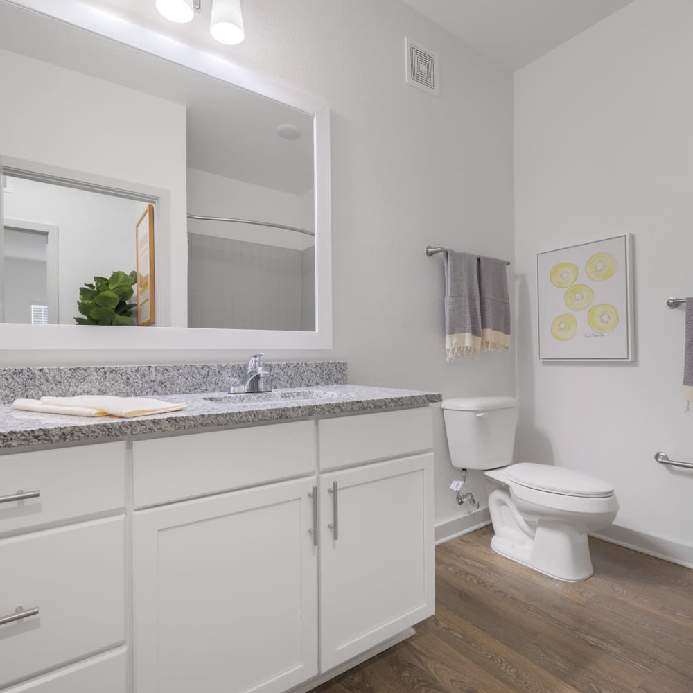 White cabinets and wood flooring in an apartment bathroom at Novo Westlake in Jacksonville, Florida