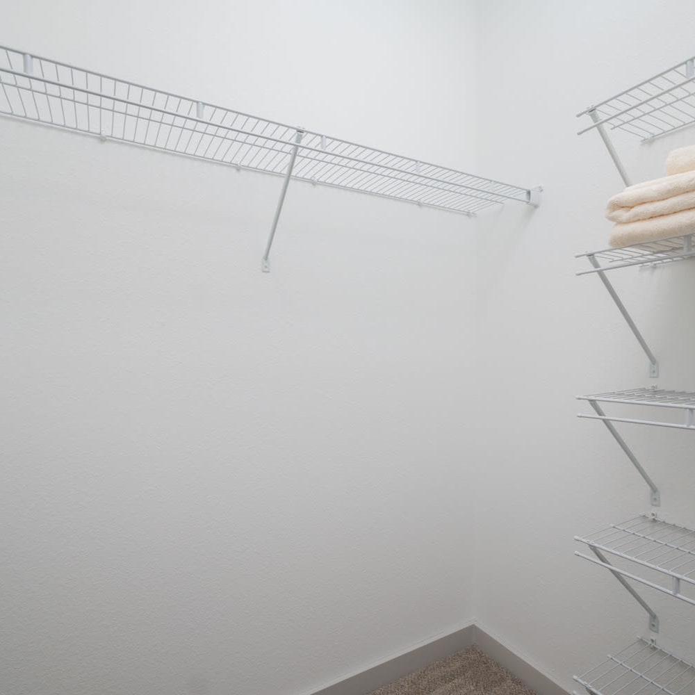 Shelves in a closet in a model apartment at Novo Westlake in Jacksonville, Florida