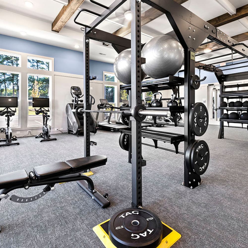 Weightlifting equipment in the fitness center at Novo Westlake in Jacksonville, Florida