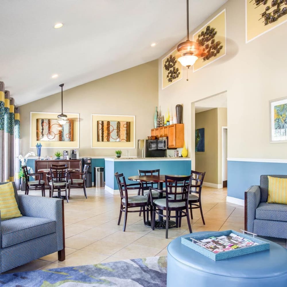 Clubhouse with lots of gathering spaces at Bayou Point in Pinellas Park, Florida