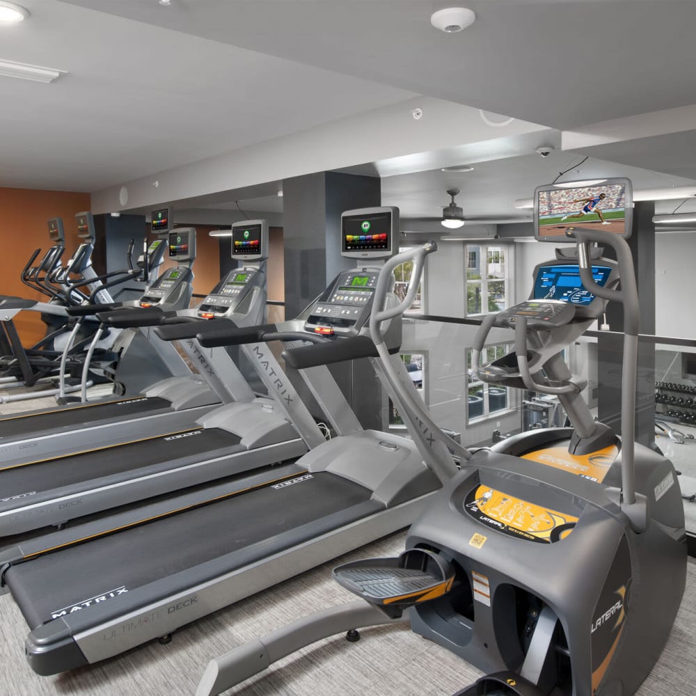 Treadmills in the fitness center at Alcove Apartments in Orlando, Florida