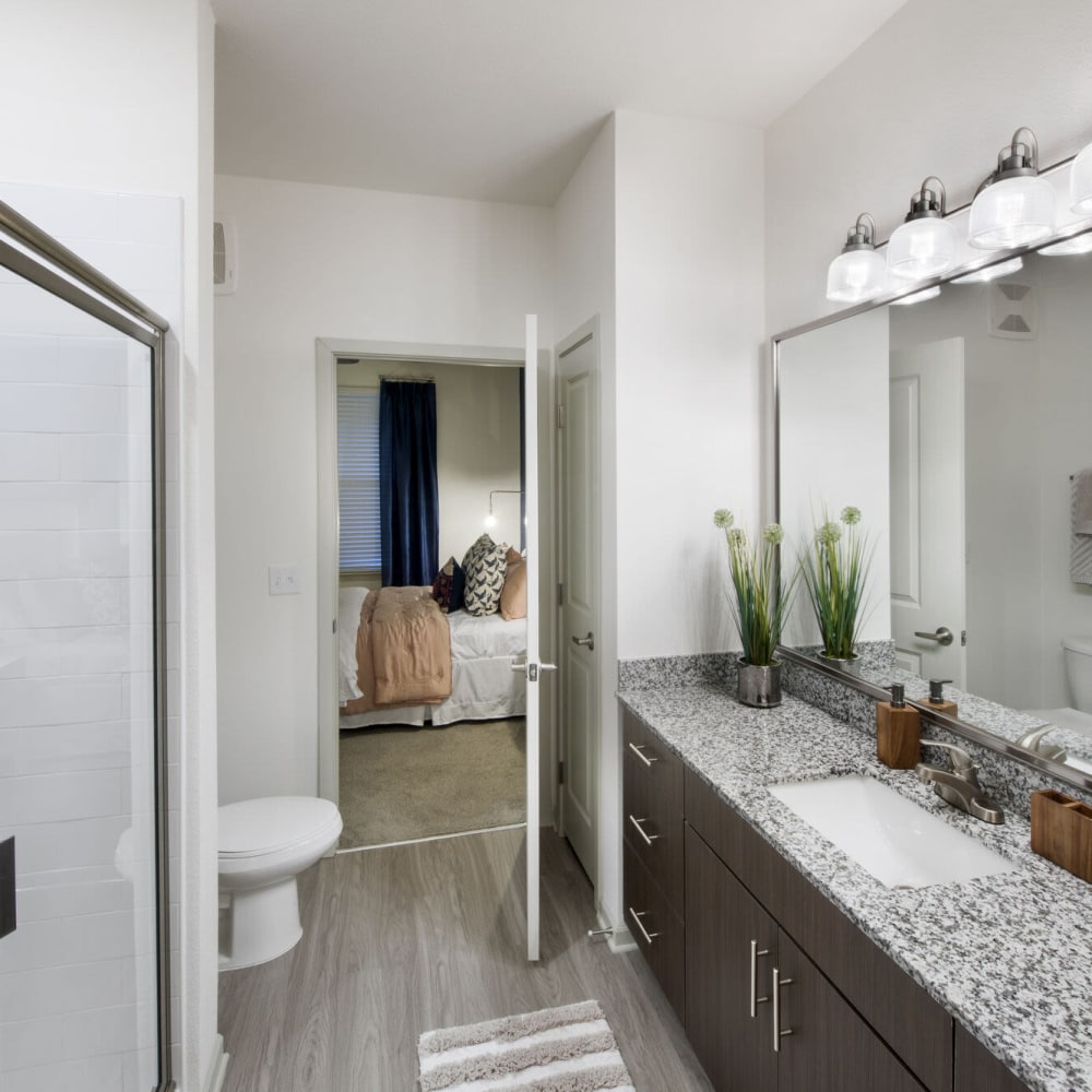 Large bathroom with great counter space at Alcove Apartments in Orlando, Florida