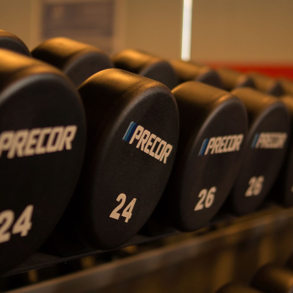 Weights in the fitness center at Mallard Crossing Apartments in Millcreek, Utah