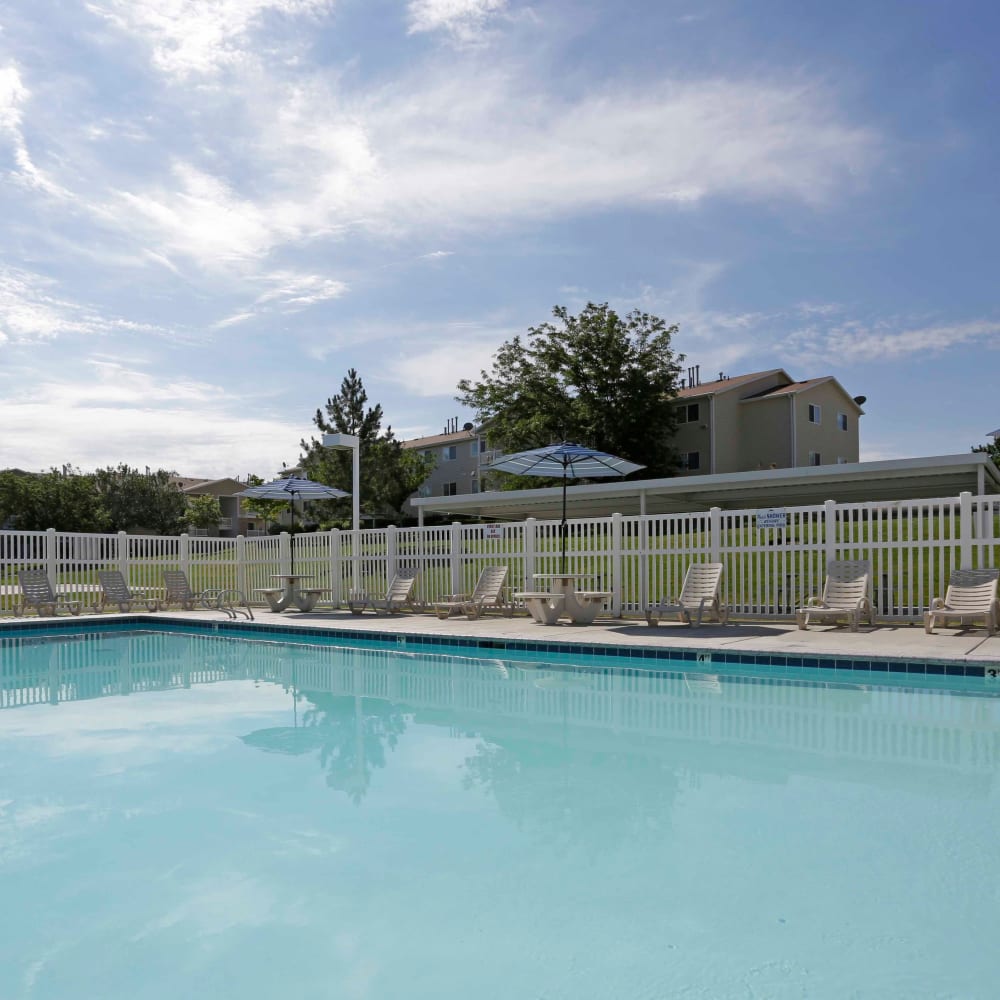 The gated community swimming pool at Elk Run Apartments in Magna, Utah