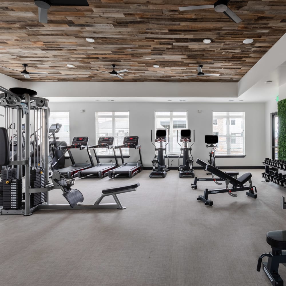 Large fitness center at Ladora Modern Apartments in Denver, Colorado