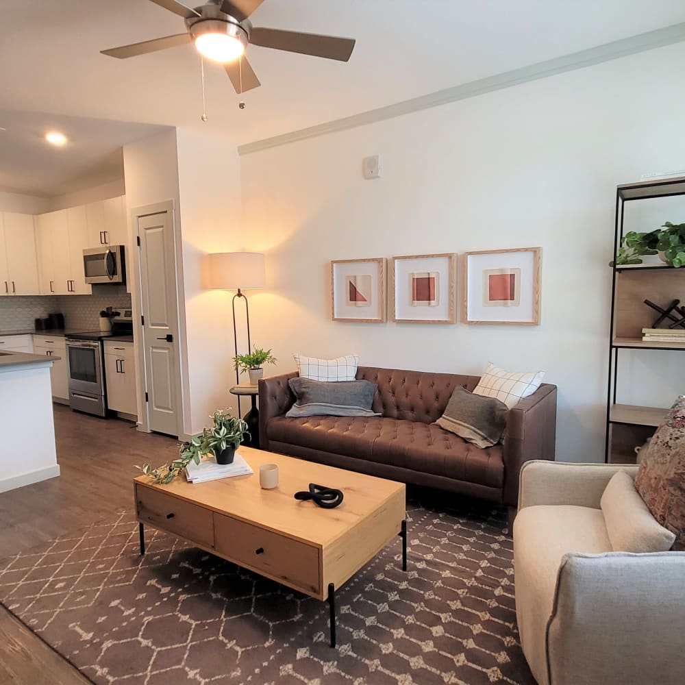 Furnished model living room at The Prospector Modern Apartments in Castle Rock, Colorado