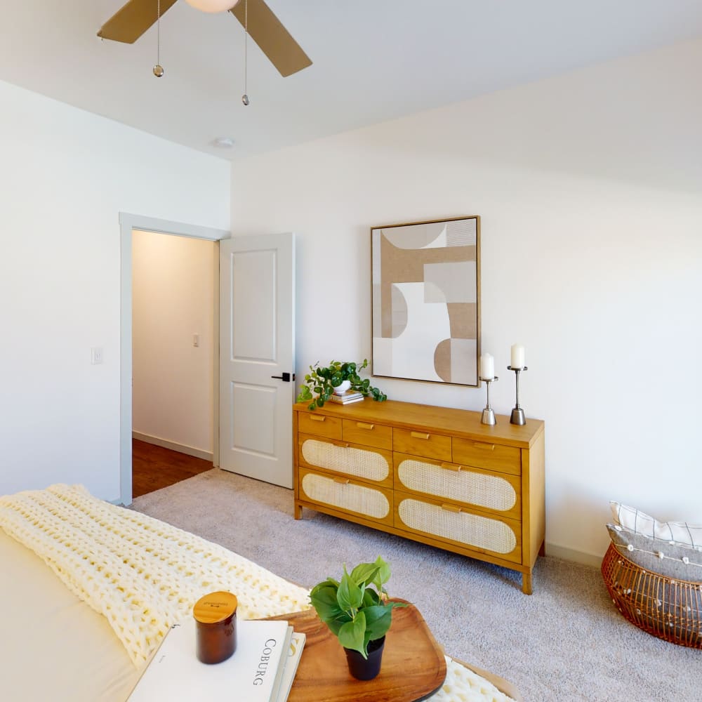 Model bedroom at The Prospector Modern Apartments in Castle Rock, Colorado