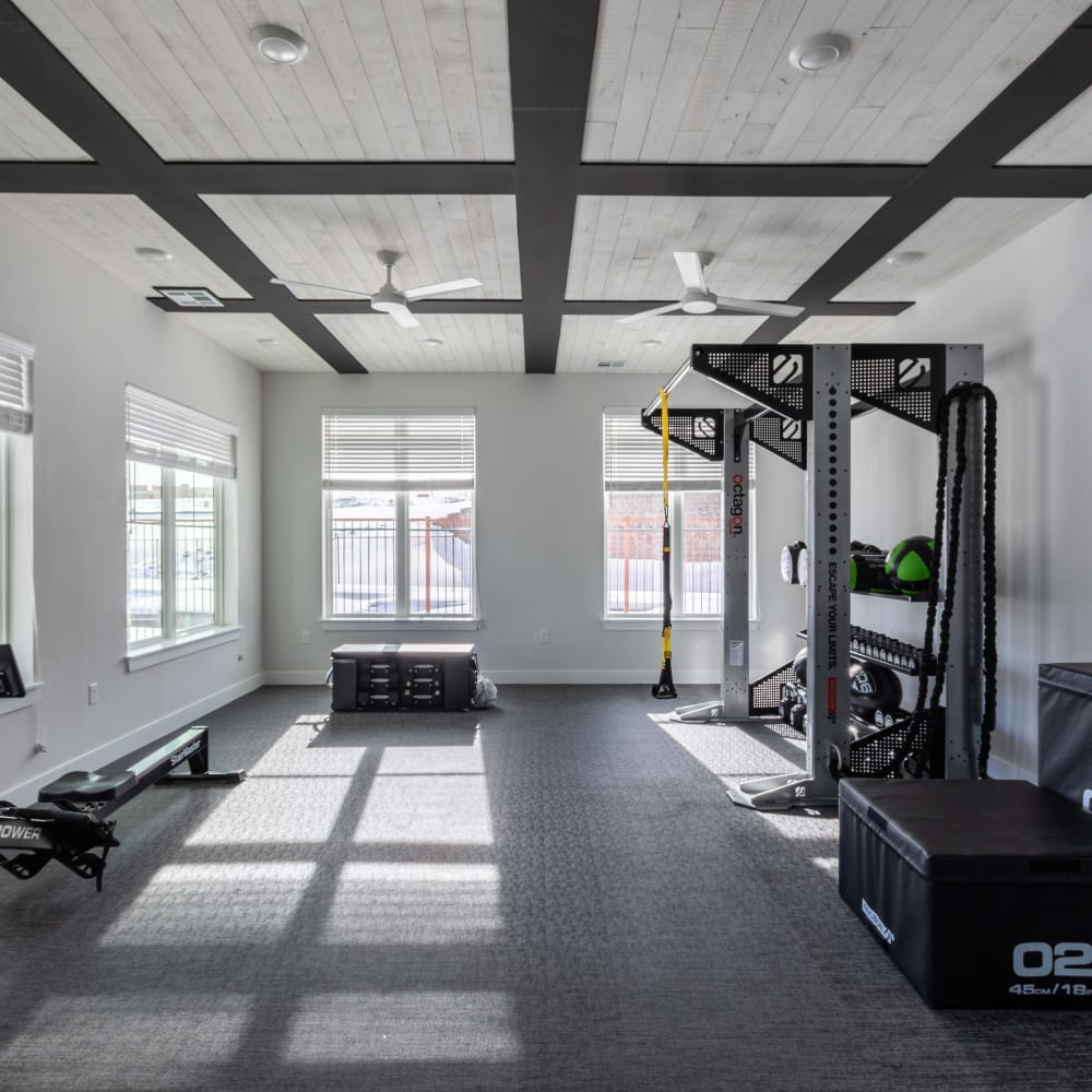 Spacious fitness center at The Prospector Modern Apartments in Castle Rock, Colorado