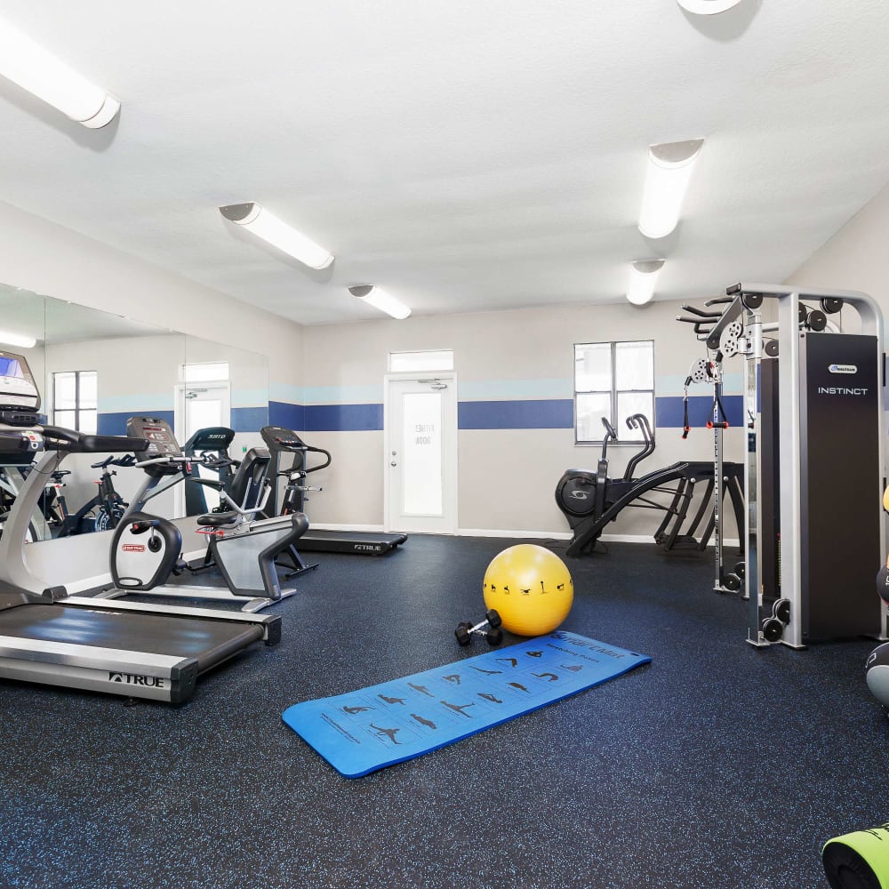 Fitness center with treadmills at WestEnd Apartments in Tampa, Florida