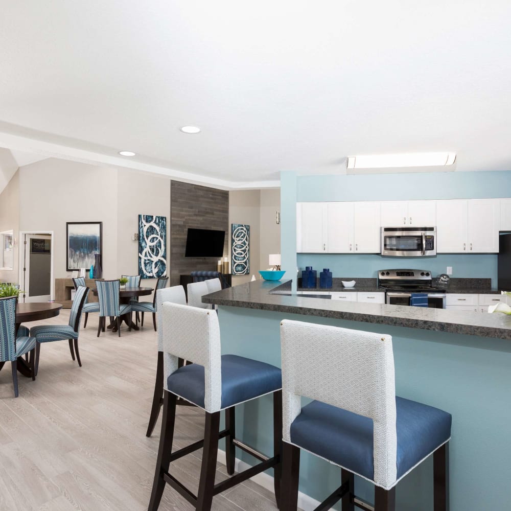 Clubhouse kitchen at WestEnd Apartments in Tampa, Florida