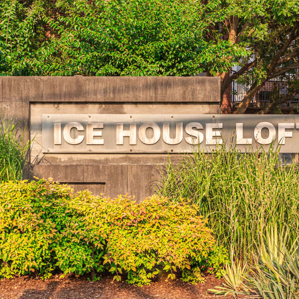 Exterior sign at Ice House Lofts in Decatur, Georgia