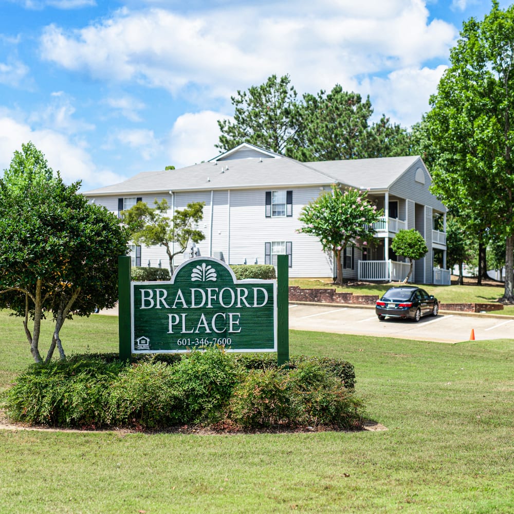 The welcome sign to Bradford Place Apartments in Byram, Mississippi