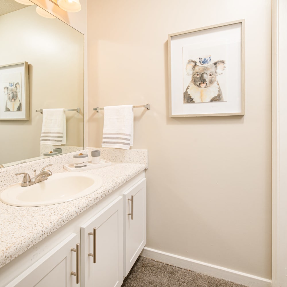 Large vanity and modern features in a model home's bathroom at Bradford Place Apartments in Byram, Mississippi